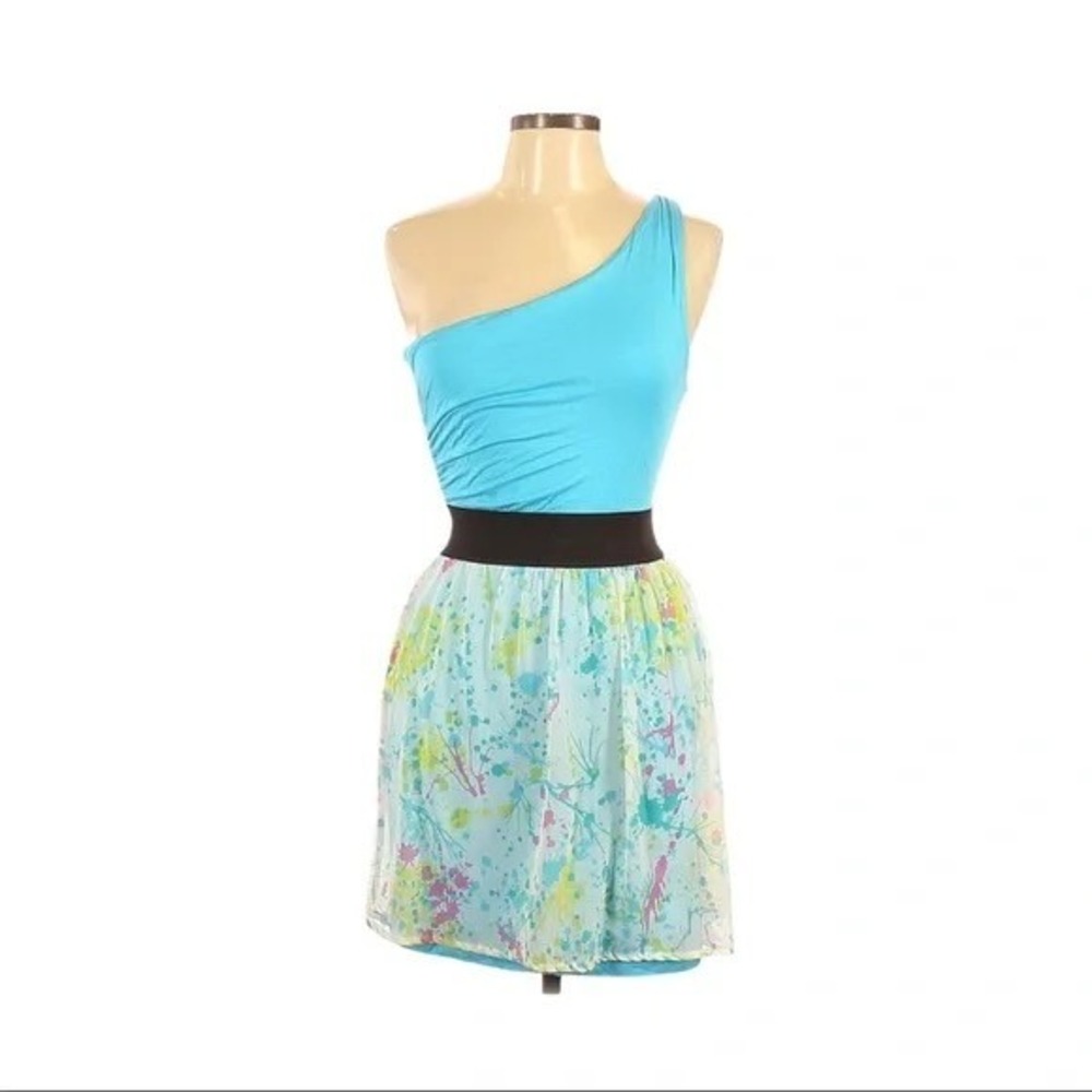 Say What One Shoulder Dress M Turquoise Paint Splatter Skirt Party
